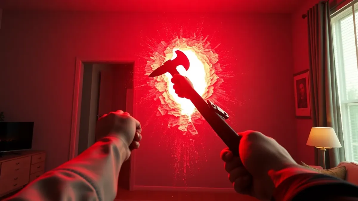 Hand swinging an axe at a giant arm bursting through a living-room wall in a stylized 3D scene