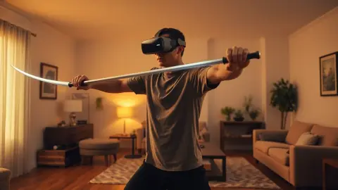 Person mid-swing in a cleared living room wearing a VR headset with furniture pushed to the walls