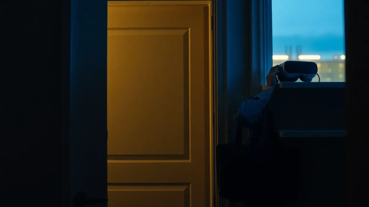 Office worker at an apartment door in the evening reaching for a VR headset