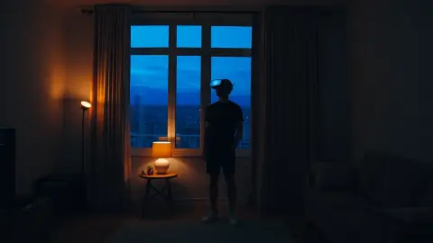 Living room lit by a single warm lamp at dusk with a player in a headset