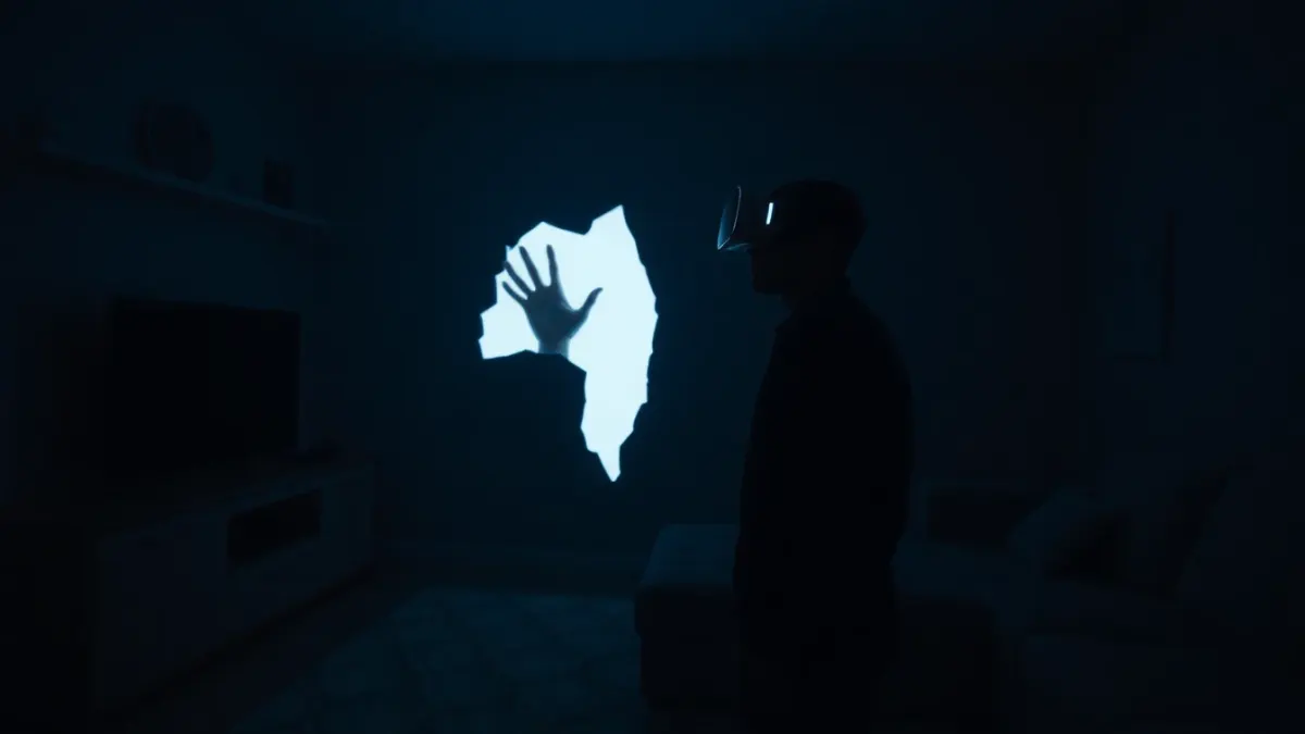 Player in a dark living room with a Quest headset as a monstrous arm breaks through the wall