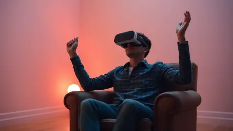 Person seated in an armchair wearing a VR headset with a cleared floor around them