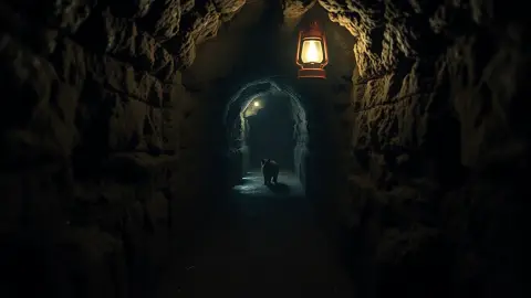Narrow rocky cave tunnel lit by a small lantern beam with a tiny animal silhouette ahead