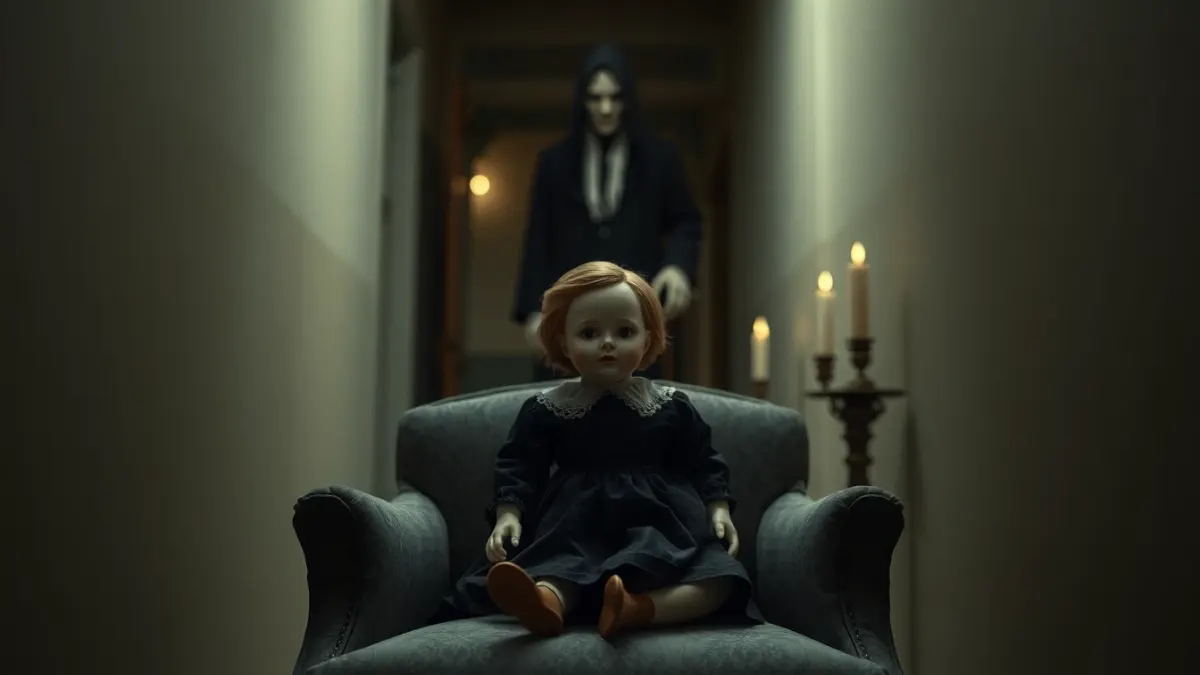 Antique porcelain doll on an armchair in a dim hallway with a robed figure blurred in the background