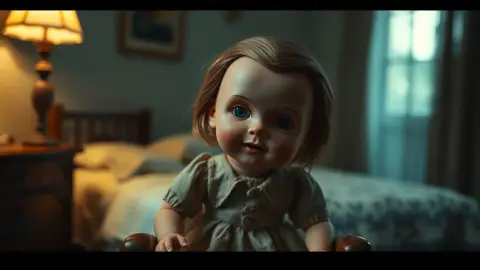 Cracked porcelain doll on a wooden chair in a dim bedroom