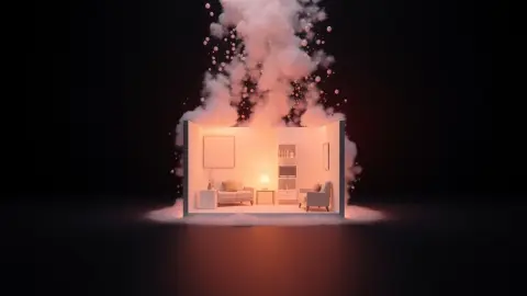 Miniature glowing room model dissolving into floating particles on a dark background