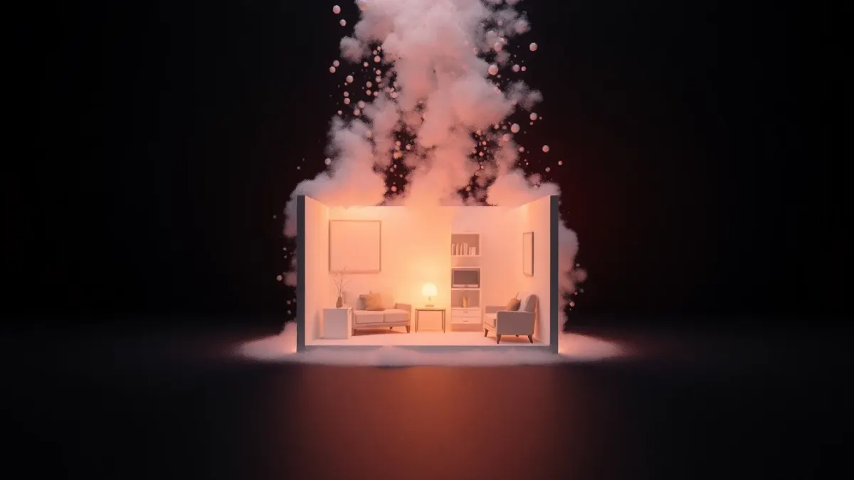 Miniature glowing room model dissolving into floating particles on a dark background