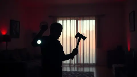 Silhouetted person holding a flashlight and axe in a dim room with red light from a cracked wall