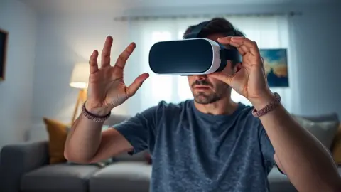 Person hesitating in a lit living room while holding a VR headset before their first horror game