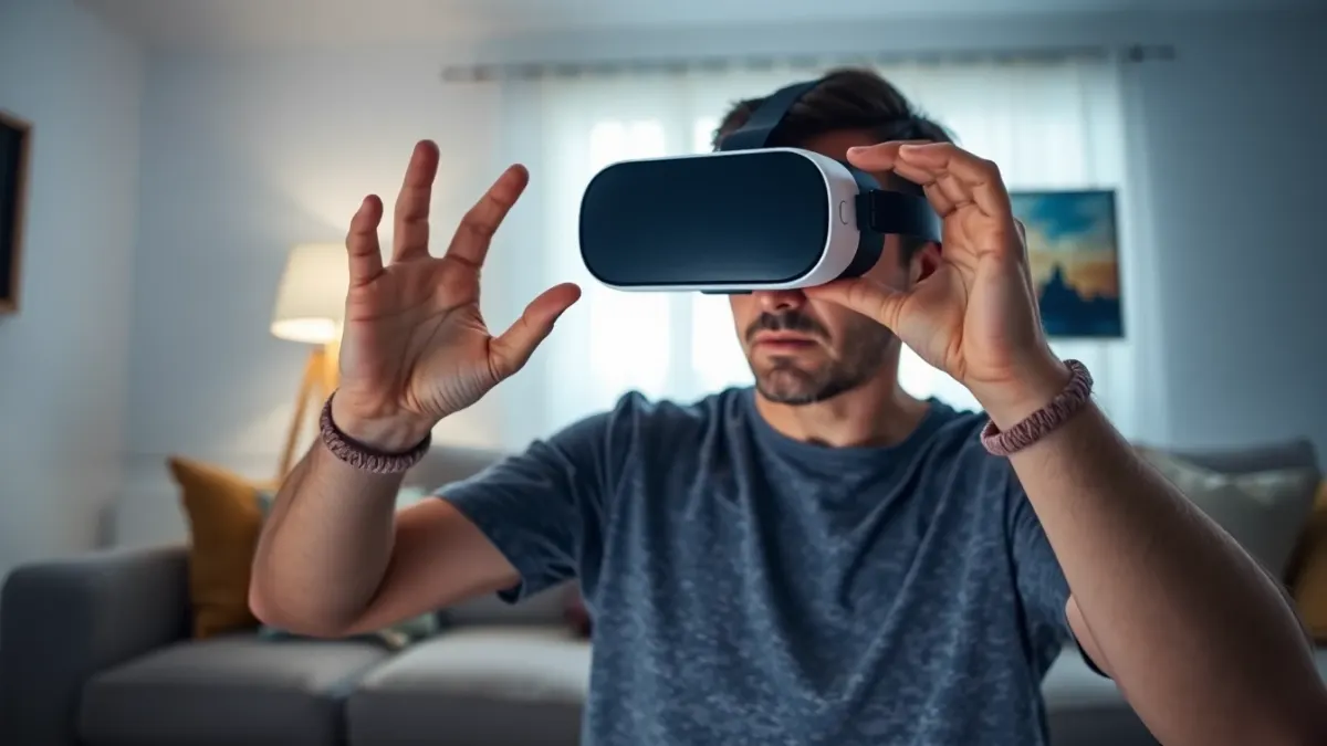 Person hesitating in a lit living room while holding a VR headset before their first horror game