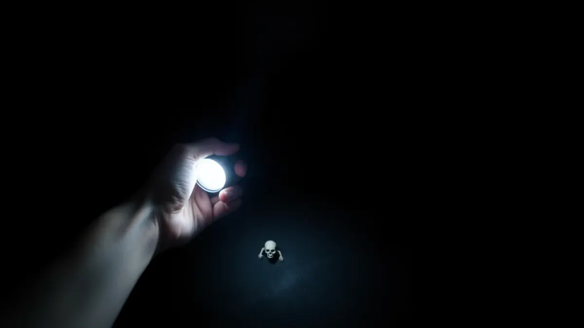 A hand holding a flashlight whose beam reveals a small skull on a dark floor
