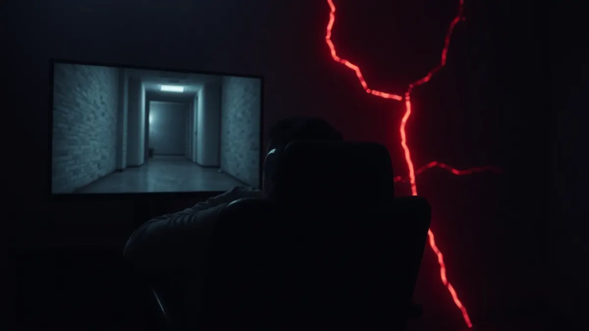 Gamer slouched at a monitor while a red crack spreads across the wall behind the chair