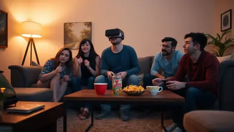Friends on a sofa leaning forward watching a friend in a VR headset during a game night