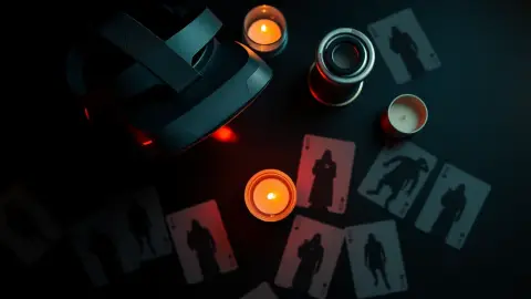 Headset, flashlight and candle on a dark table beside cards with blurred horror silhouettes