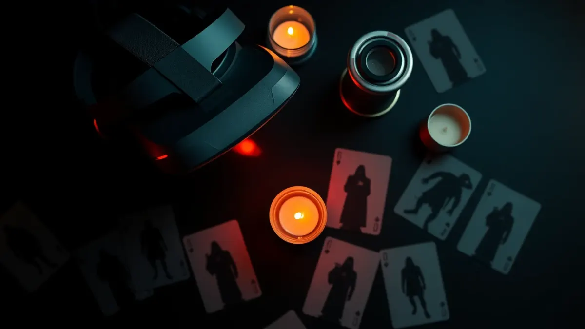 Headset, flashlight and candle on a dark table beside cards with blurred horror silhouettes