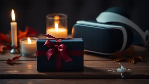 Black gift box with a red ribbon next to a VR headset on a wooden table