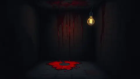 Cracked plaster wall dripping red in a dark basement under a swinging bulb