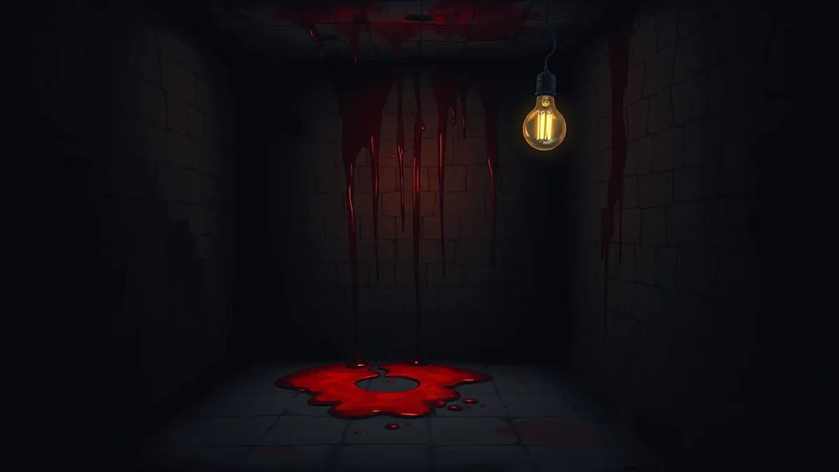 Cracked plaster wall dripping red in a dark basement under a swinging bulb