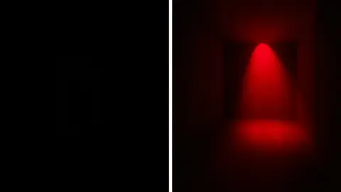 Dim bedroom with a shadow under the door beside the same room flooded with red light