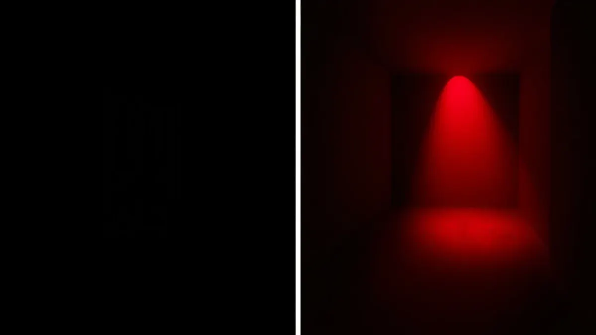 Dim bedroom with a shadow under the door beside the same room flooded with red light