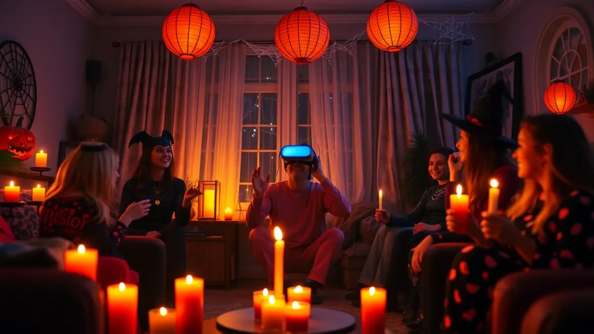 Halloween party guests watching a friend in a VR headset flinch in a decorated living room
