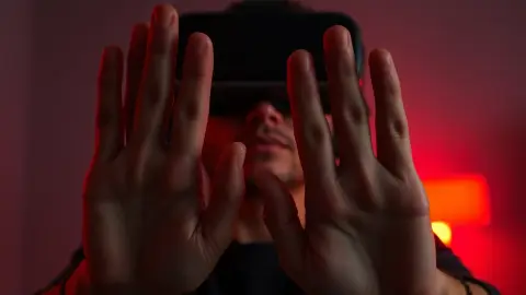 Bare hands raised defensively by a person wearing a VR headset in a dim room