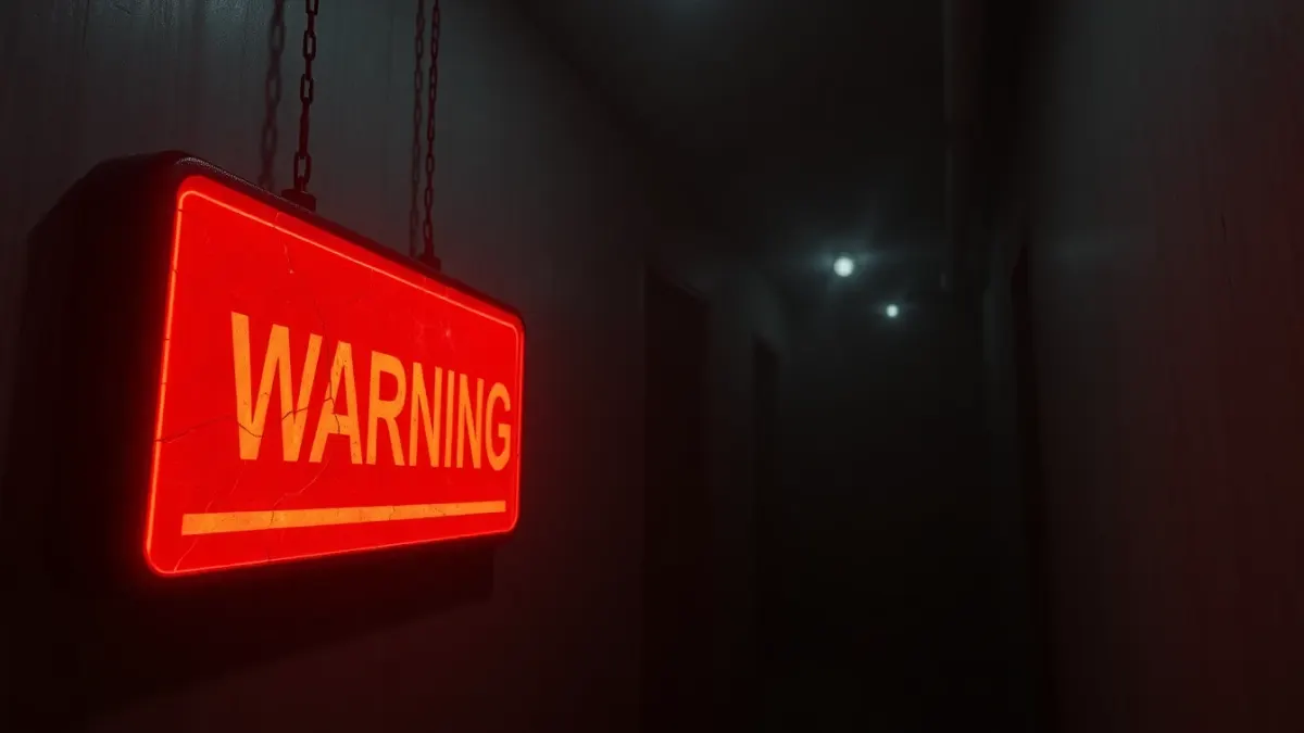 Glowing red warning shape in a dark foggy corridor with flickering lights