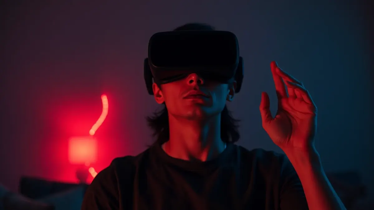 Nervous player in a dim living room wearing a Quest headset as a red glow seeps from a wall
