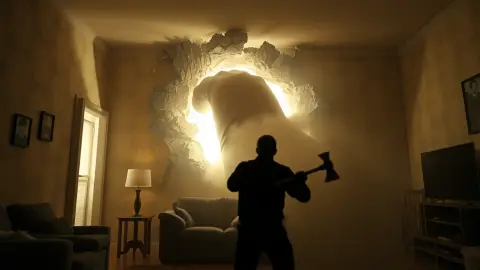 Enormous arm crashing through a living room wall while a player raises an axe