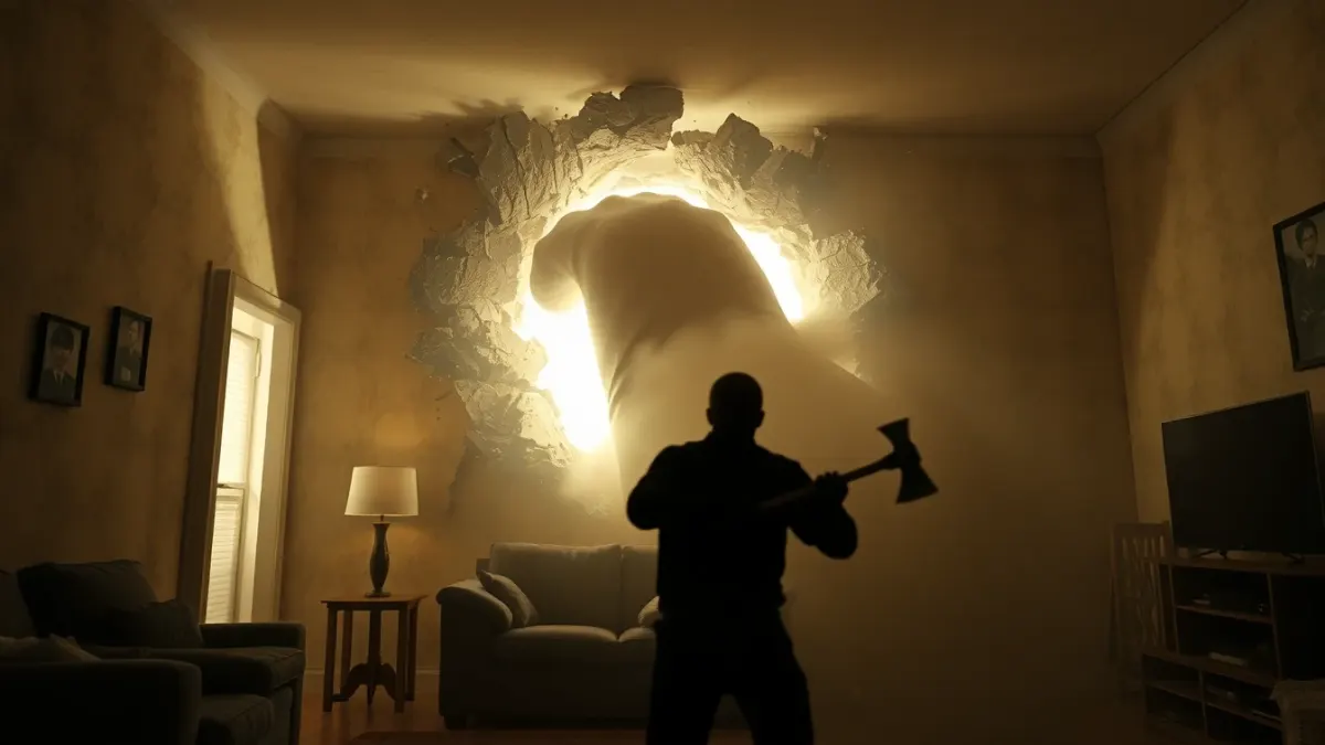 Enormous arm crashing through a living room wall while a player raises an axe