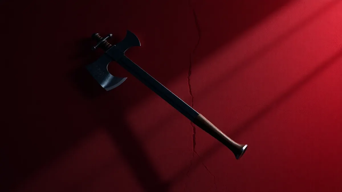 Axe and sword crossed against a cracked plaster wall in dramatic lighting