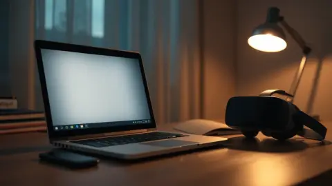 Laptop with a blank email window beside a VR headset under a desk lamp
