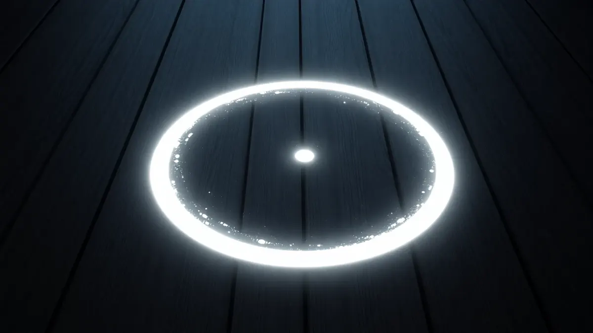 Glowing circle with a dot in the middle drawn on dark wooden planks