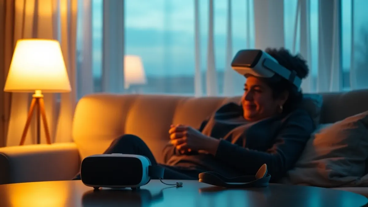 Person relaxing on a sofa with tea in warm lamp light, headset resting on the table
