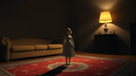 Antique doll standing on a living room rug beneath a lamp casting a long shadow