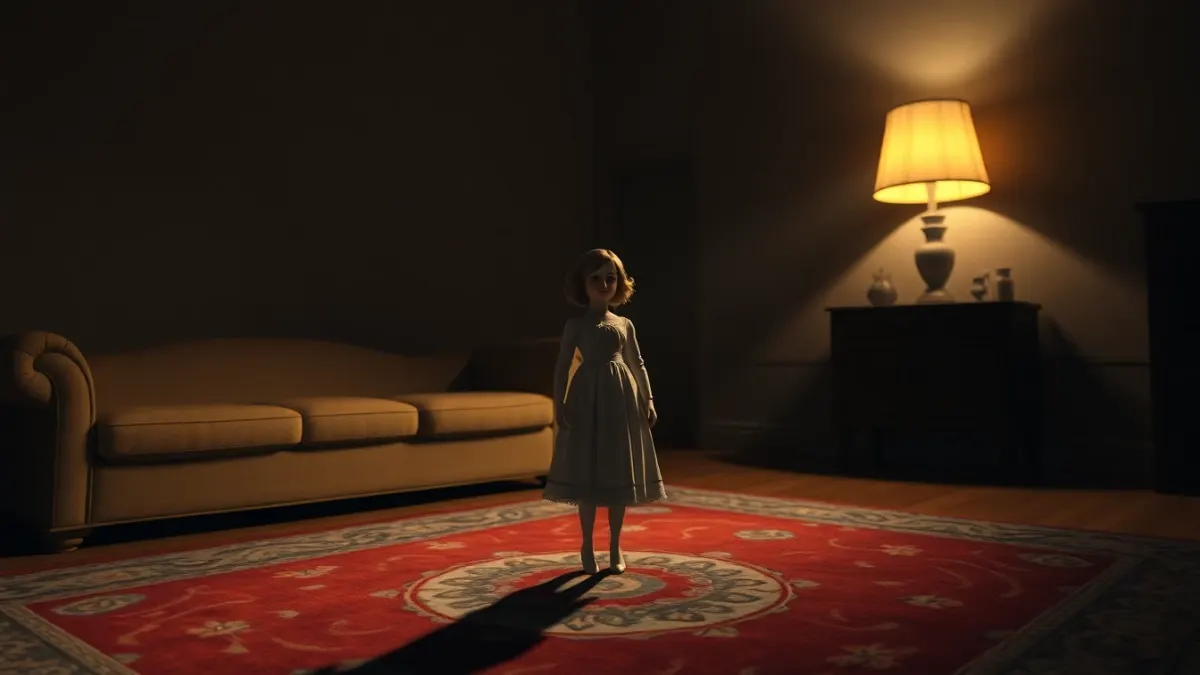 Antique doll standing on a living room rug beneath a lamp casting a long shadow