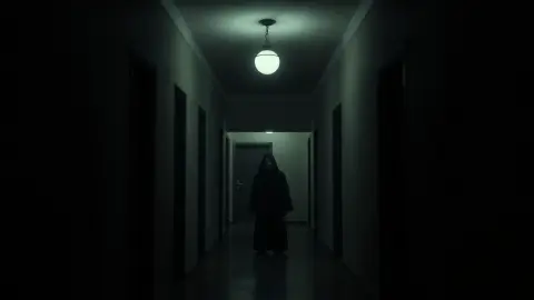 Pale robed figure standing at the end of a dim apartment hallway