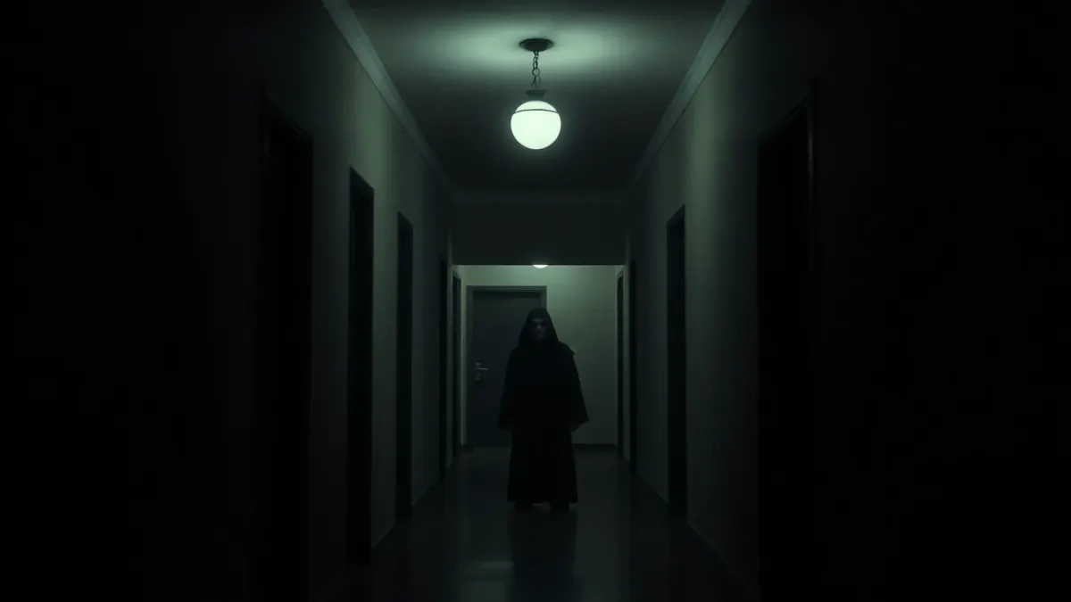 Pale robed figure standing at the end of a dim apartment hallway