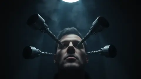 Metal drills hovering in a dark room aimed at a player's line of sight