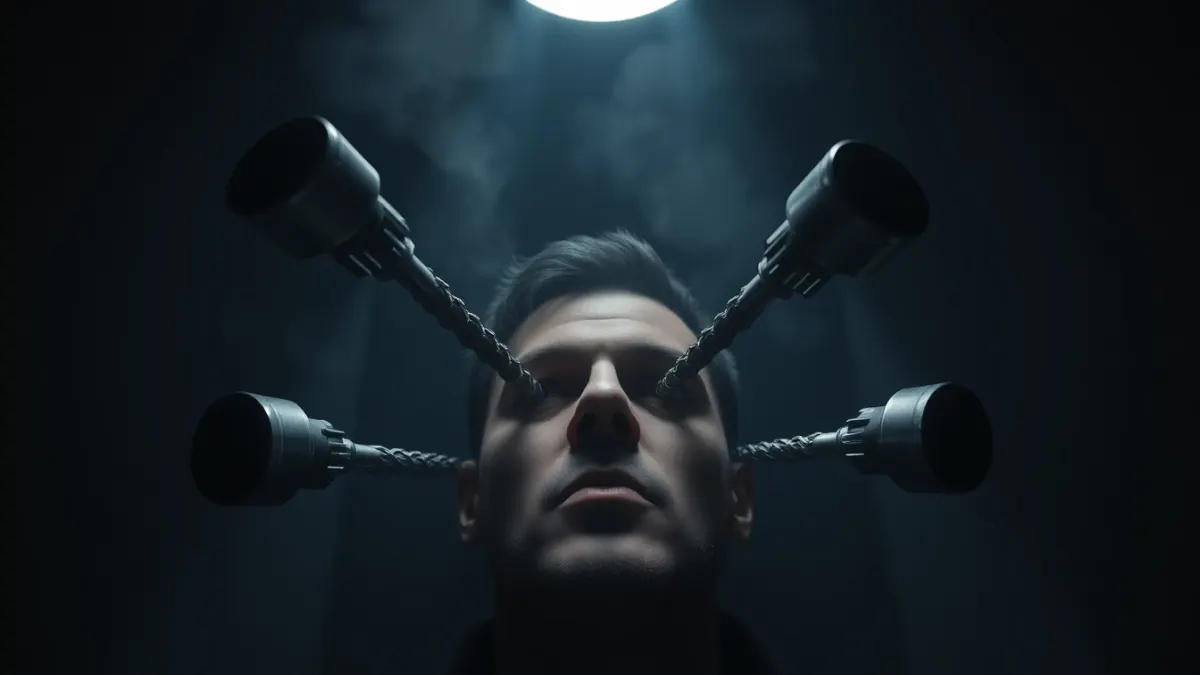 Metal drills hovering in a dark room aimed at a player's line of sight