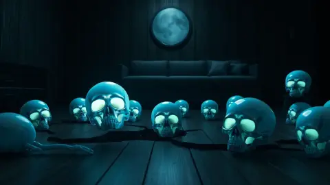 Skulls crawling out of a wooden floor with one frozen in a flashlight beam