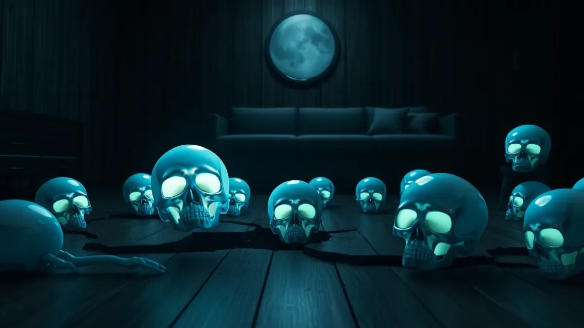 Skulls crawling out of a wooden floor with one frozen in a flashlight beam