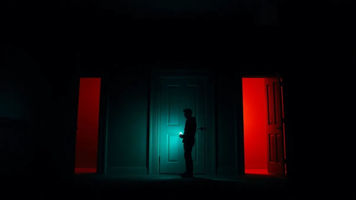 Three glowing doorways in a dark hallway with a silhouetted player holding a flashlight