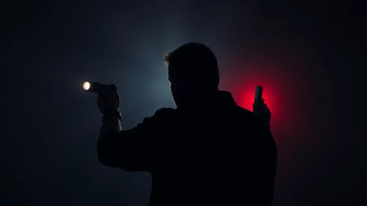 Player holding a flashlight in one hand and a pistol in the other in a dark room