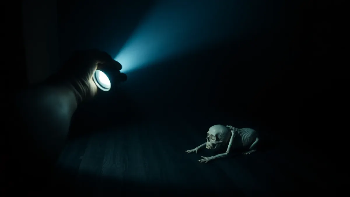 Flickering flashlight beam catching a skull crawling on a dark floor