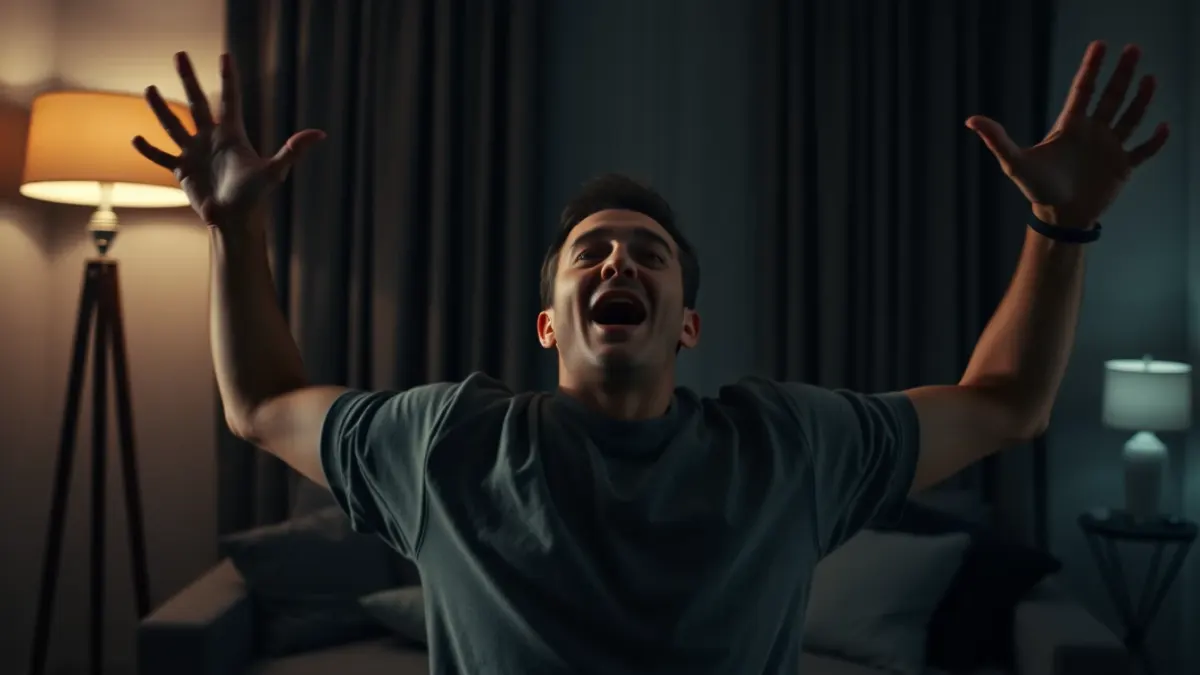 Startled player flinching backward in a living room as a lamp wobbles behind them