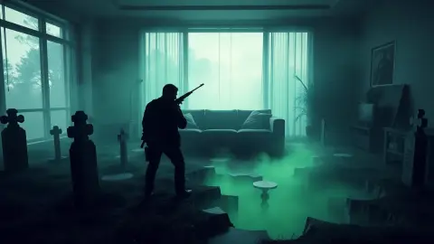 Foggy graveyard erupting in a living room with a player aiming a rifle
