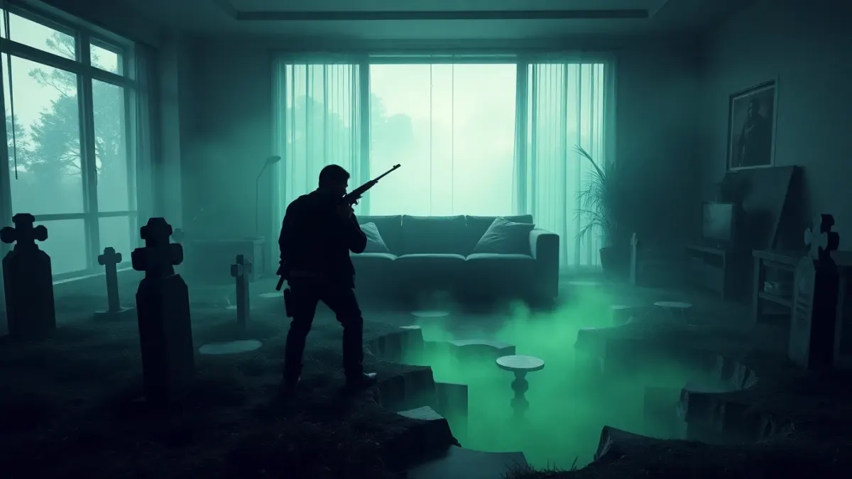Foggy graveyard erupting in a living room with a player aiming a rifle