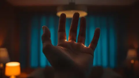 Open hand raised in a dim room with a faint glowing outline around the fingers