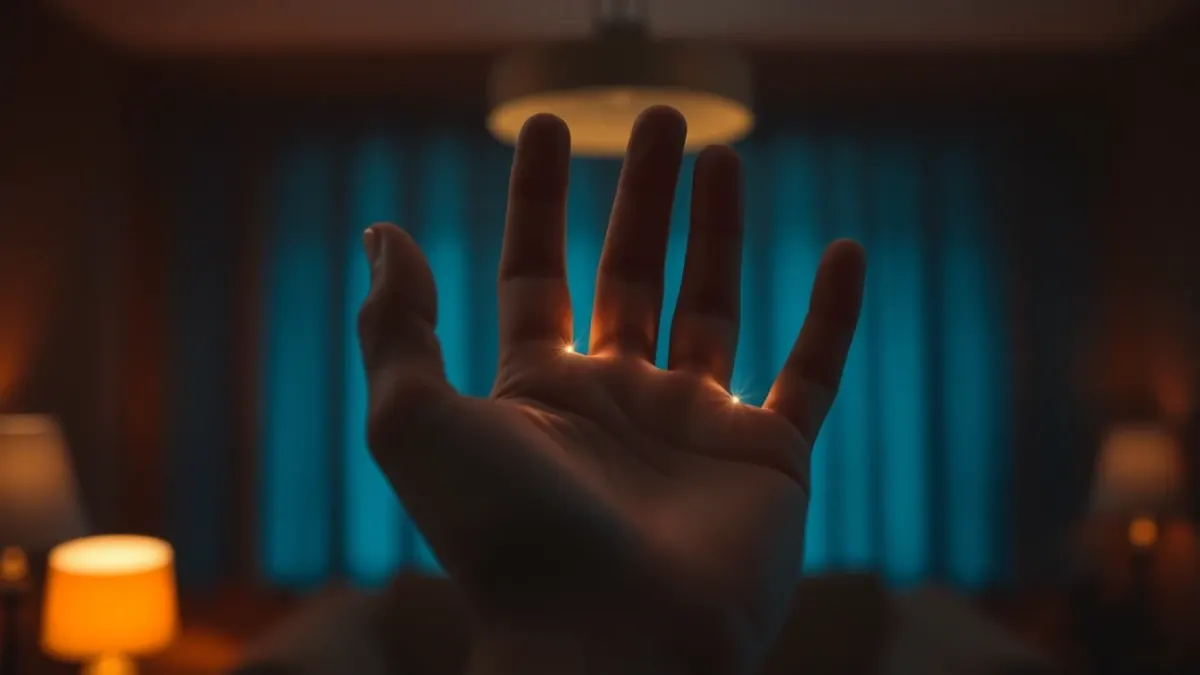 Open hand raised in a dim room with a faint glowing outline around the fingers